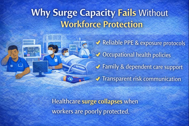 Illustration explaining why surge capacity fails without workforce protection. Includes a list of key points: reliable PPE, occupational health policies, family support, and transparent risk communication. Depicts healthcare workers in a clinical setting.