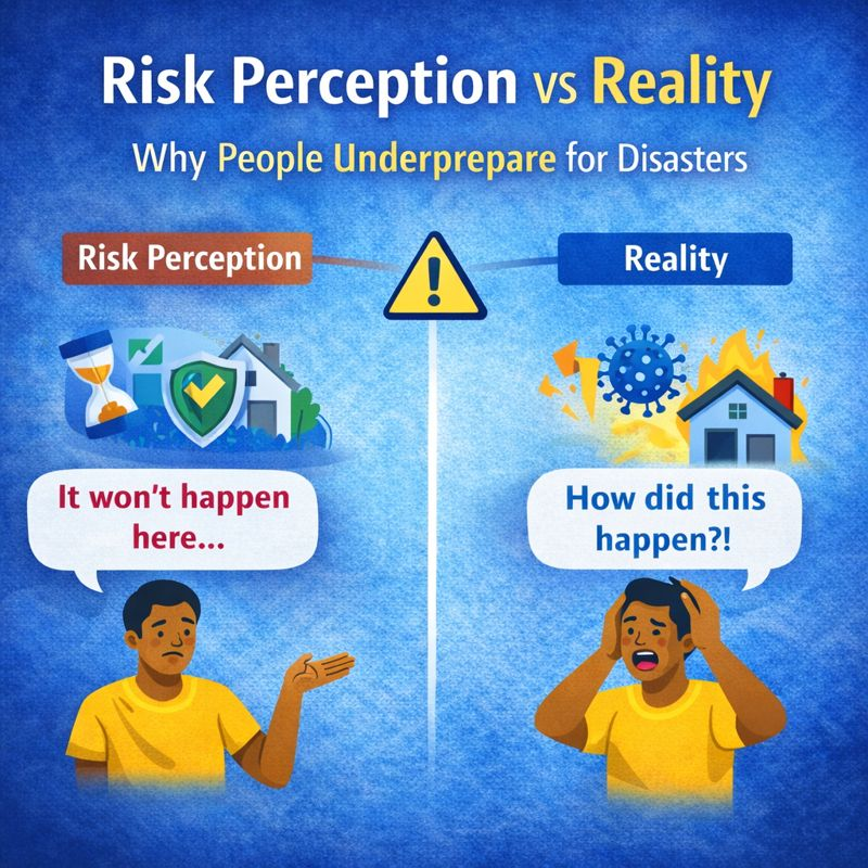 An infographic contrasting 'Risk Perception' with 'Reality,' illustrating why people underprepare for disasters. The left side shows a worried individual with the text 'It won't happen here...' alongside symbols of safety. The right side features a shocked individual with 'How did this happen?!' and images of disasters, such as a virus and flames.