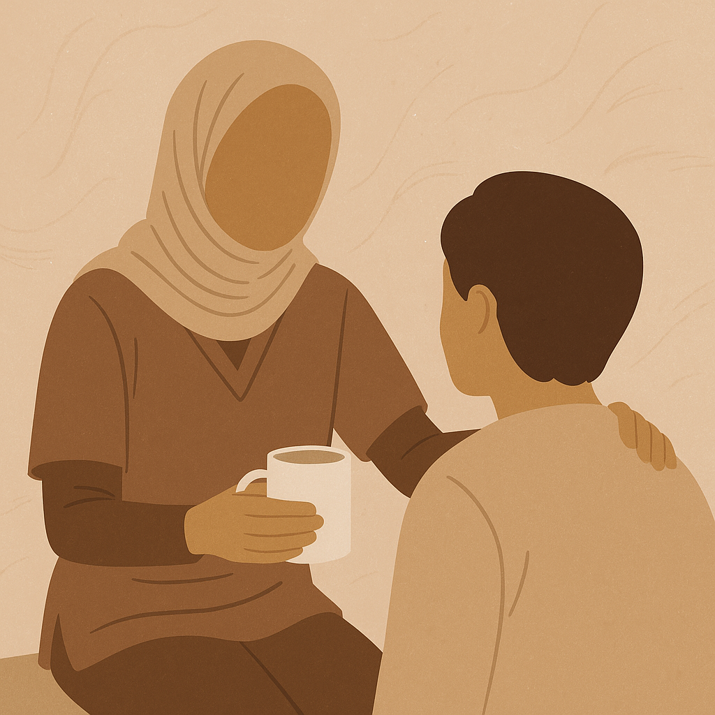 A nurse wearing a hijab offers a comforting gesture to a patient while holding a cup, illustrating compassion and care in a supportive environment.