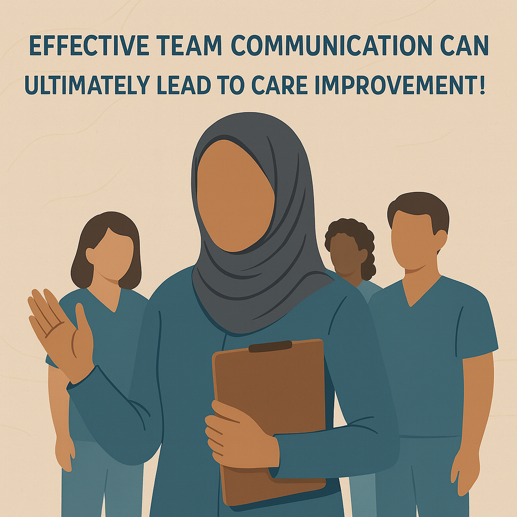 Illustration of a healthcare team with a diverse group of medical professionals, featuring a nurse in the foreground holding a clipboard and gesturing while discussing effective communication to improve patient care.