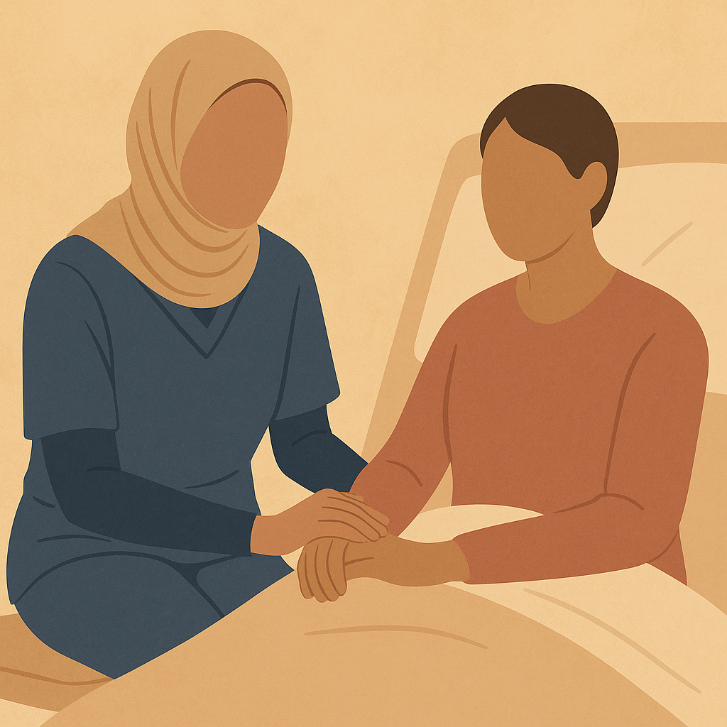 An illustration of a nurse wearing a hijab sitting beside a patient in a hospital bed, holding the patient's hand, in a warm and supportive setting.