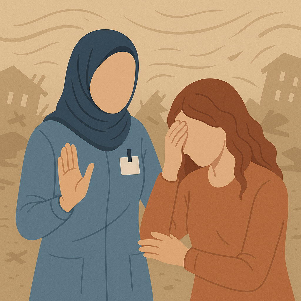 An illustration depicting a nurse in a hijab providing emotional support to a distressed patient against a backdrop of destruction, symbolizing the emotional labor in nursing.