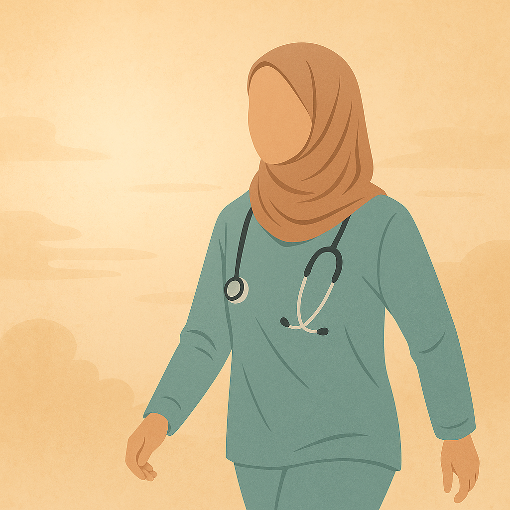 Illustration of a nurse wearing scrubs and a stethoscope, walking in a serene environment with a warm, beige background.