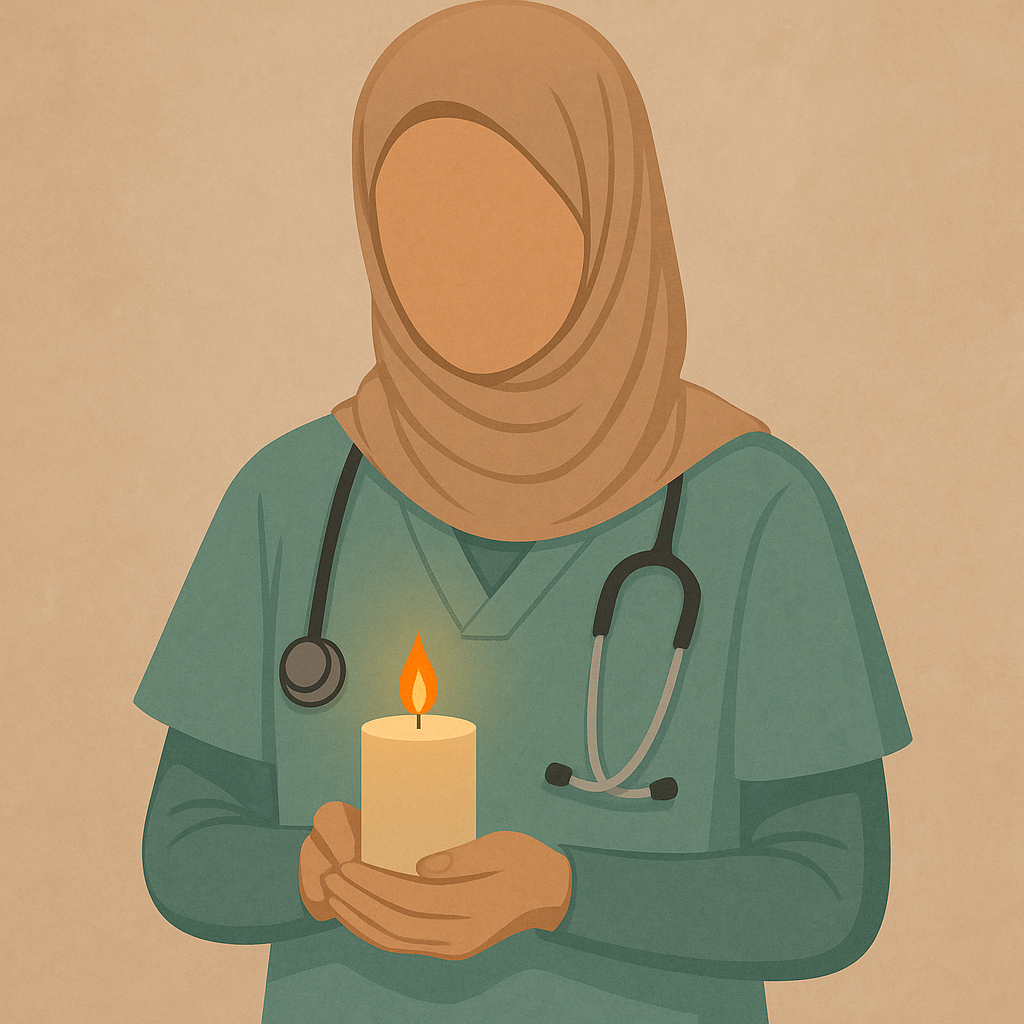 A nurse wearing a green scrubs and a hijab holds a lit candle, symbolizing reflection and remembrance.